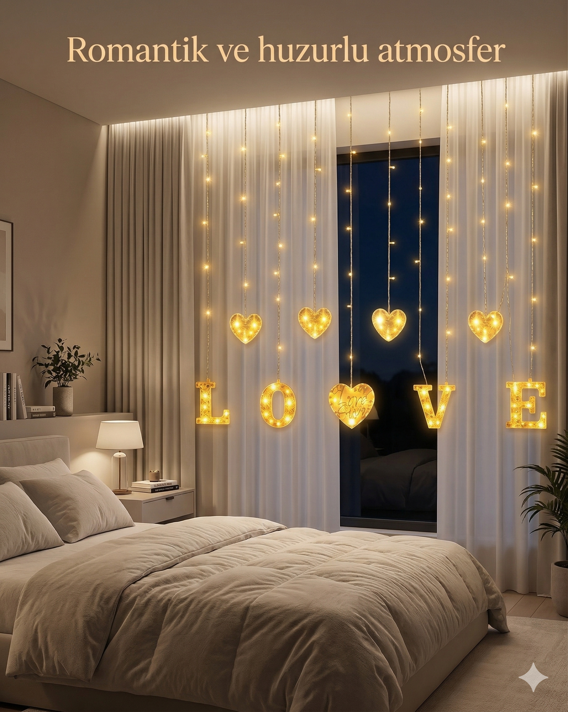 3 Metre Perde Led Işık - 8 Modlu Kalp ve LOVE Figürlü Dekoratif Animasyonlu Led